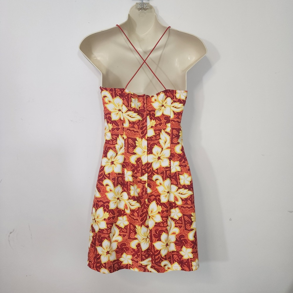 VTG Y2K Miken Hawaiian Floral Mini Dress Red Yellow Bungee Strap USA made Small - Picture 3 of 10